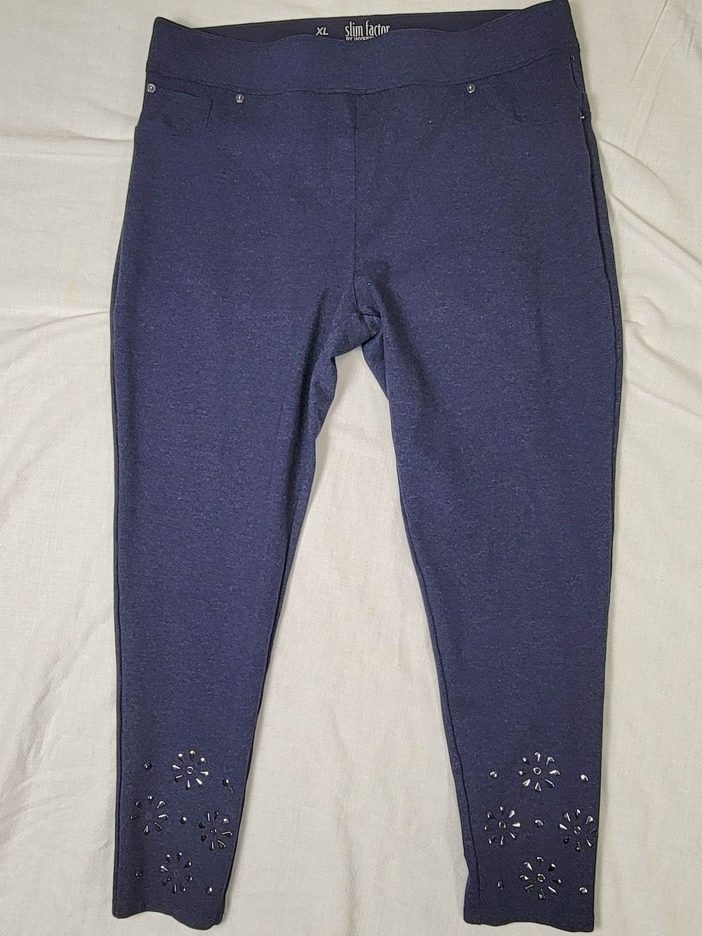 Slim Factor by Investments Navy Blue Embellished Ankle Pants Size XL Pull-On